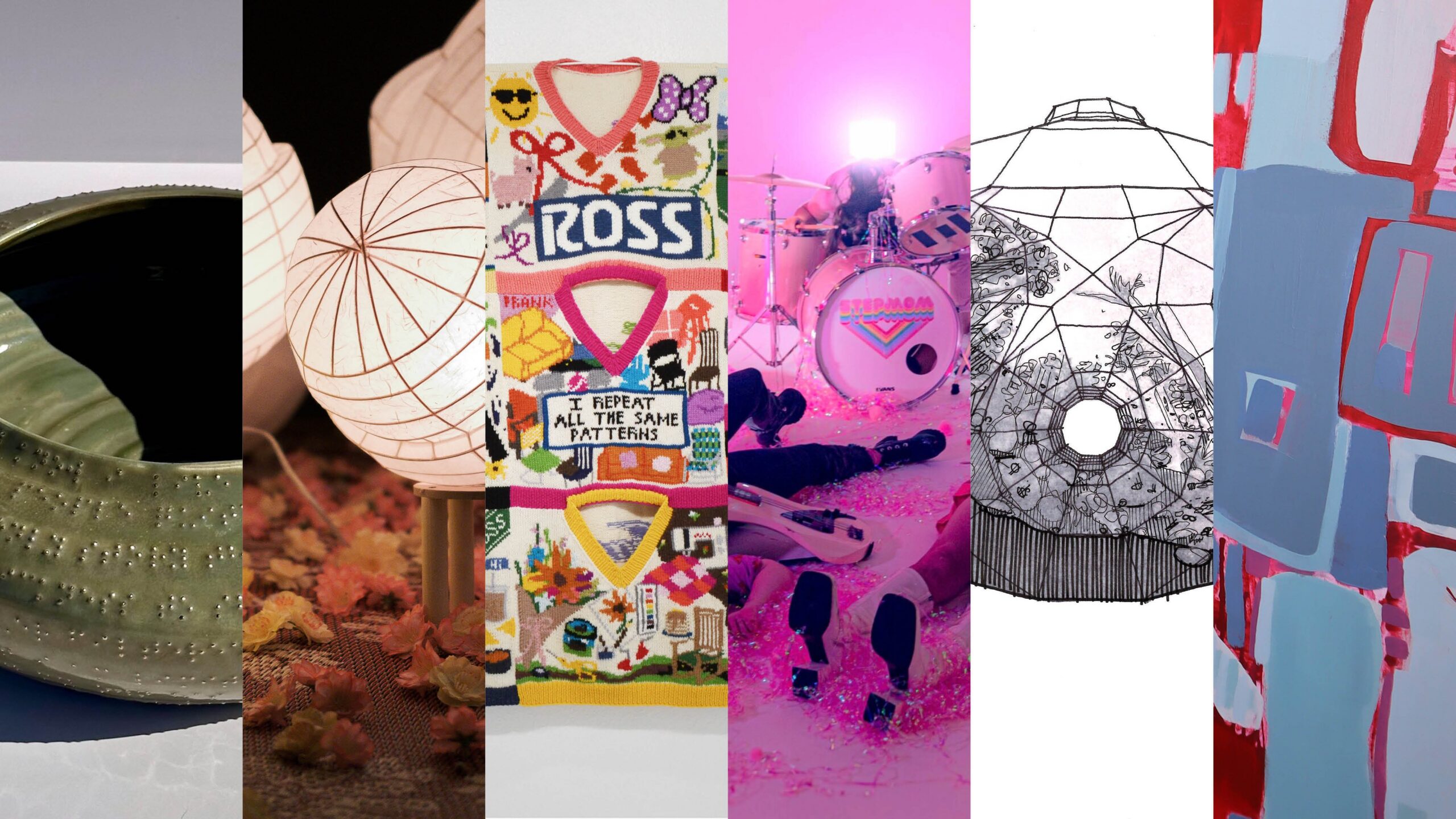 Images of six artworks, including ceramics, paper laterns, knit sweaters, a band, an architectural sketch, and a painting