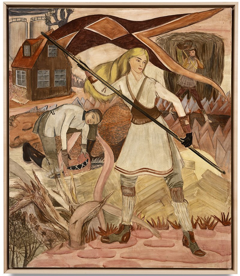 A woman holds a banner while two men work in a field behind her