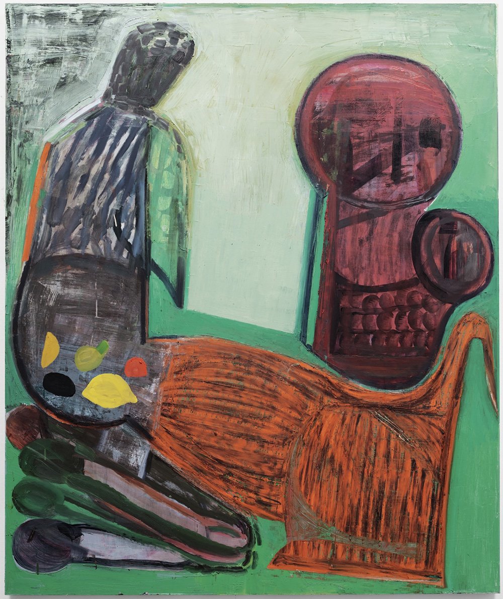 Abstract painting of a kneeling figure on a mat in front of a sculpture
