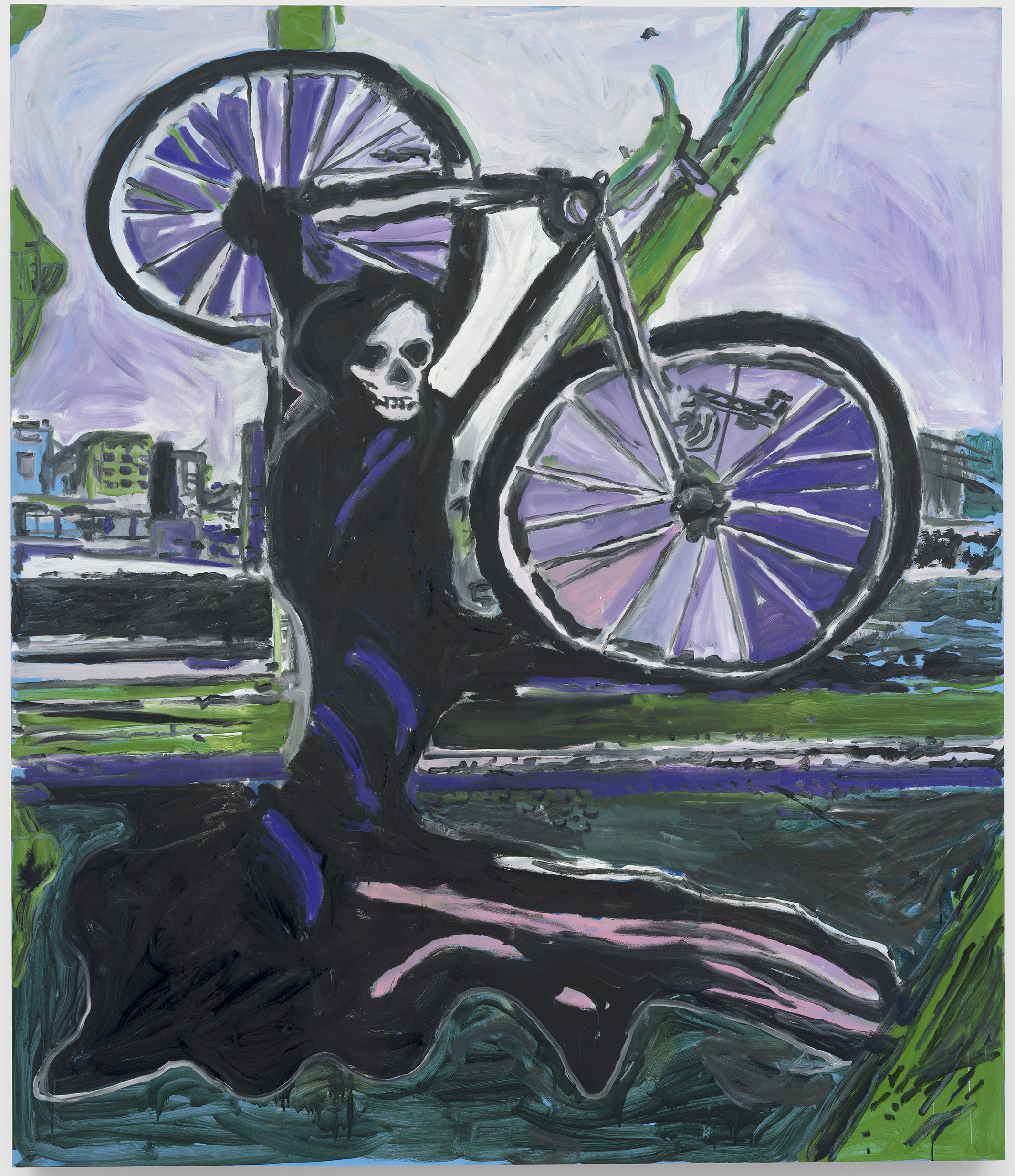 A grim reaper-like figure holds a bicycle over its shoulder