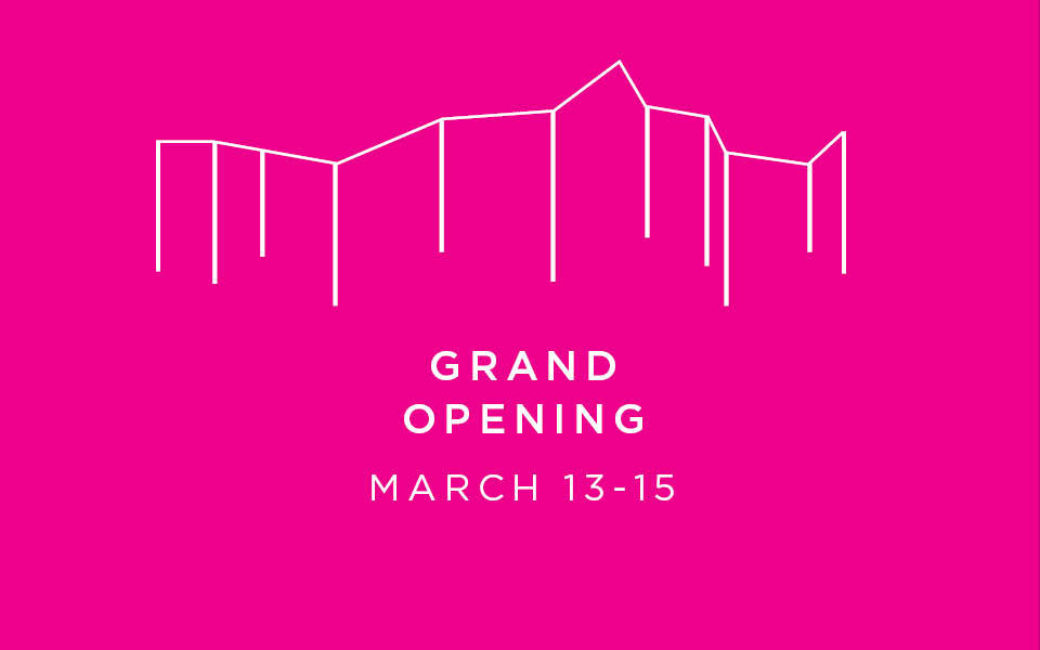A pink image with the words “Grand Opening: March 13-15” and the Oklahoma Contemporary logo