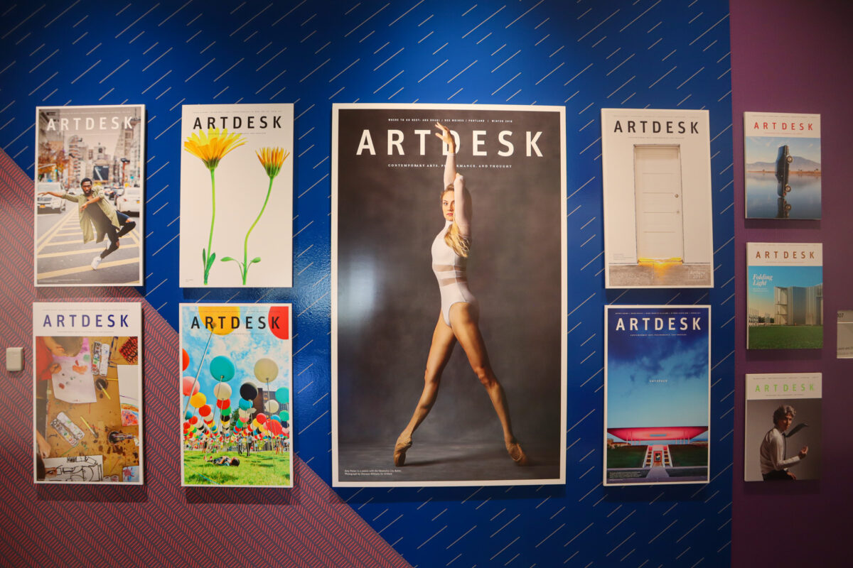 A series of magazine covers featuring artworks and dancers against a blue and purple background
