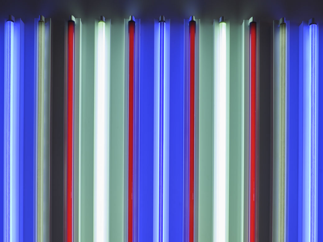 A close-up image of multi-colored florescent tubes