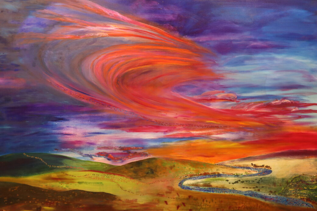 A painting of a colorful sunset over low hills with a river winding through them