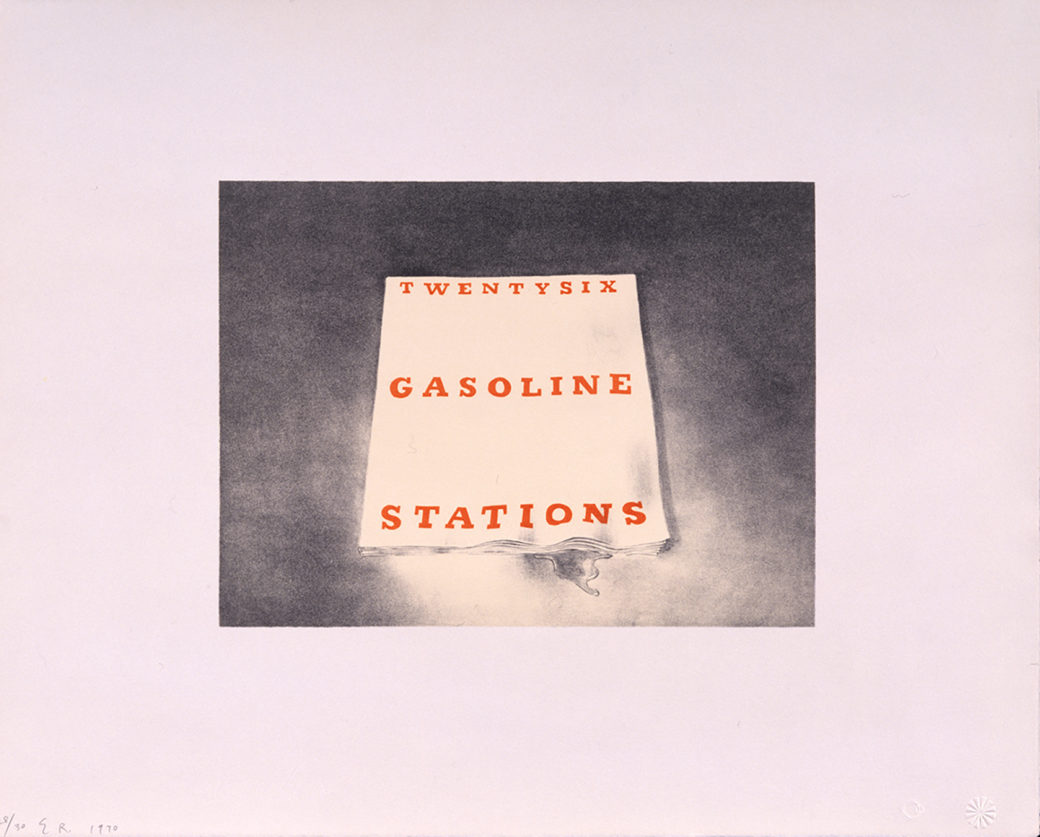 Drawing of a book cover that says Twentysix Gasoline Stations in red text on a white background