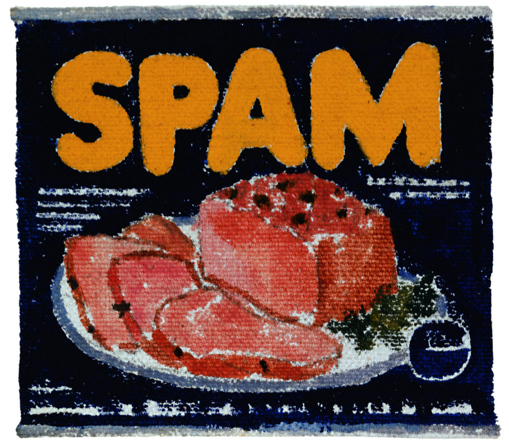 A painting of a can of SPAM features the yellow logo and the sliced processed meat