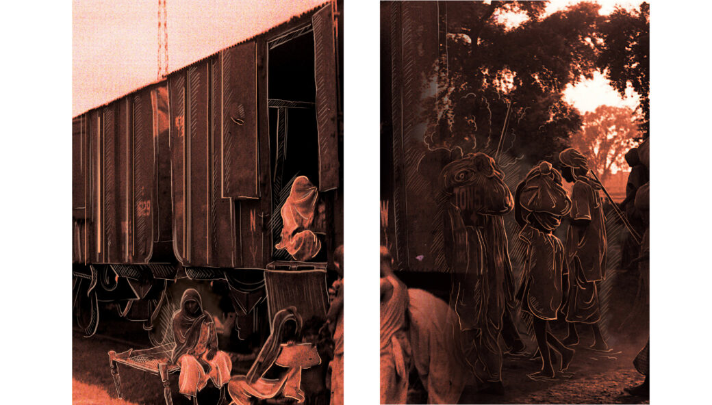 Black-and-white sketch of people boarding a train (left) and black-and-white sketch of people with bundles balanced on their heads walking