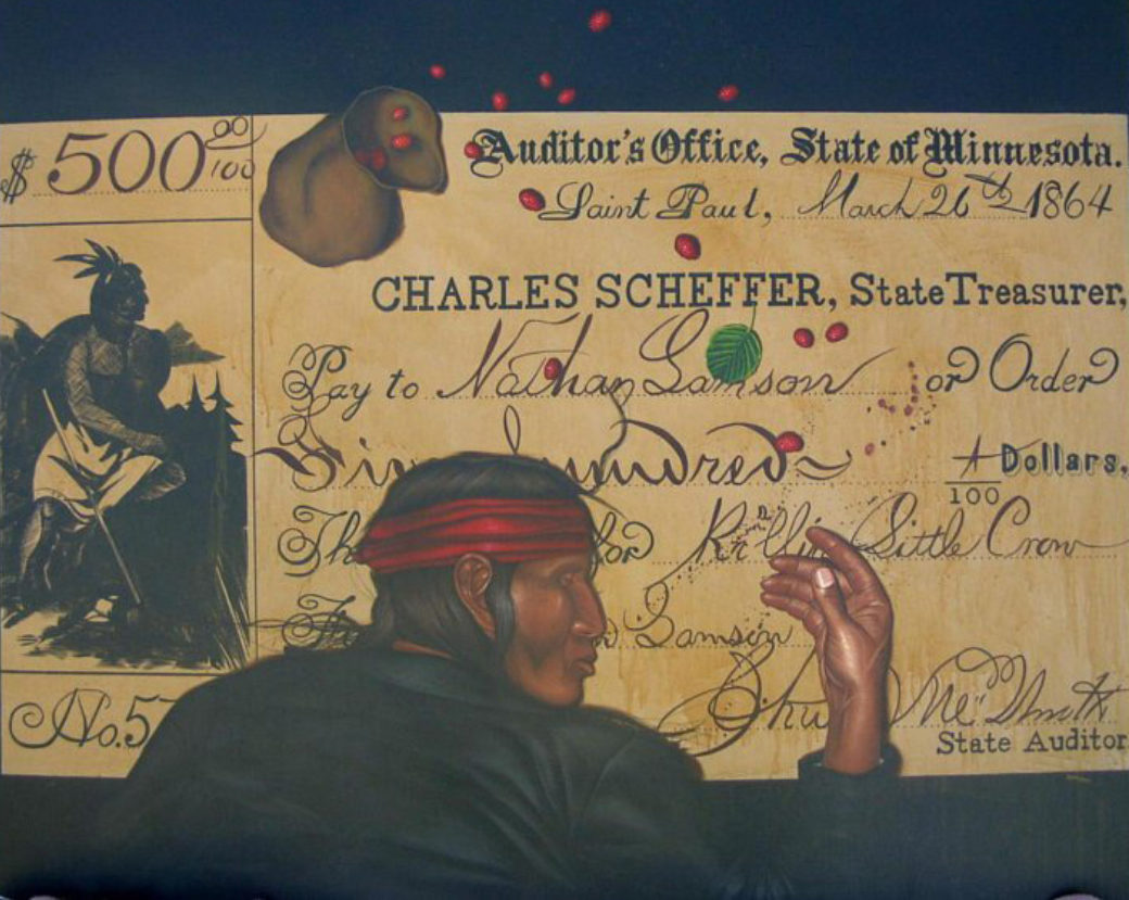 A painting of a Native man looking at his hand in front of a 1864 check for $500