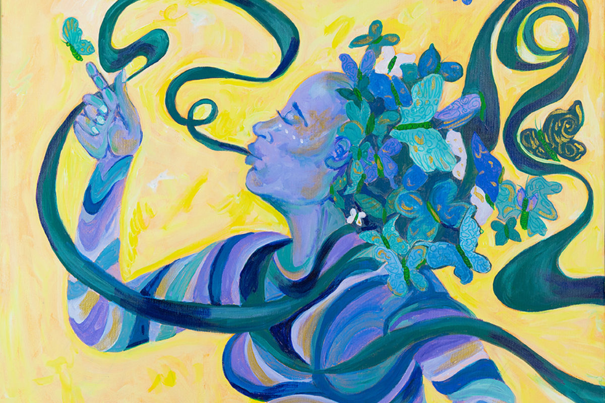 A Black woman painted in blue, green, white and yellow stripes release a butterfly from her finger. A green ribbon floats around her, and green and blue butterflies emerge from her hair.