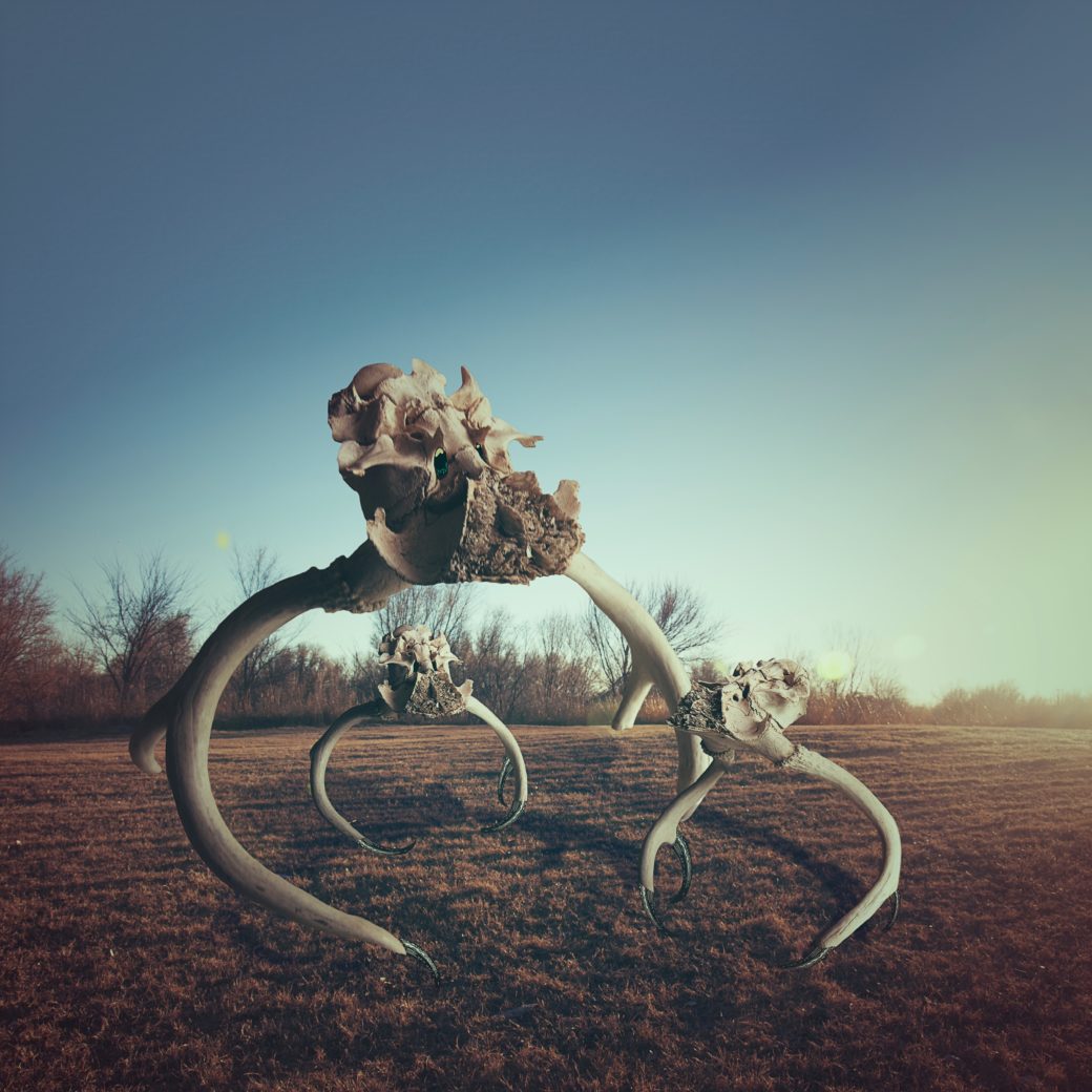 A photo features a large outdoor sculpture made from horned animal skulls standing in a field