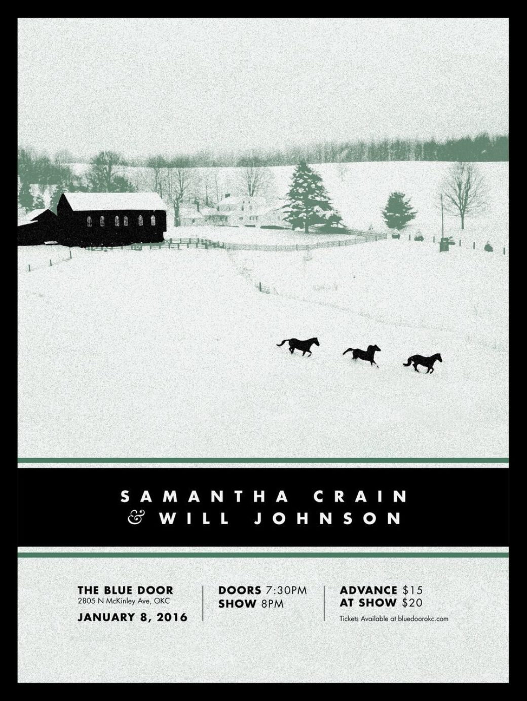 A concert poster featuring a snowy barn and three black horses with horizontal text that reads  “SAMANTHA CRAIN & WILL JOHNSON”