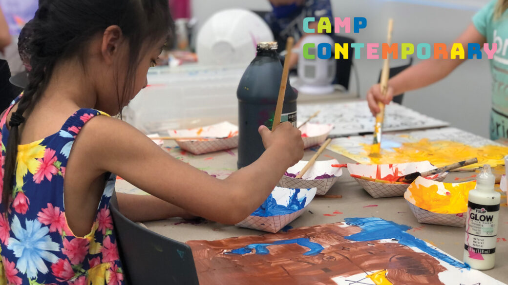 A child sits at a table and paints. Text in the upper right reads "Camp Contemporary."