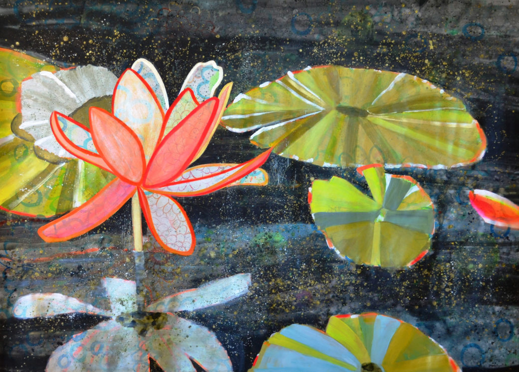 A painting with green lily pads and pink flowers among black and blue water