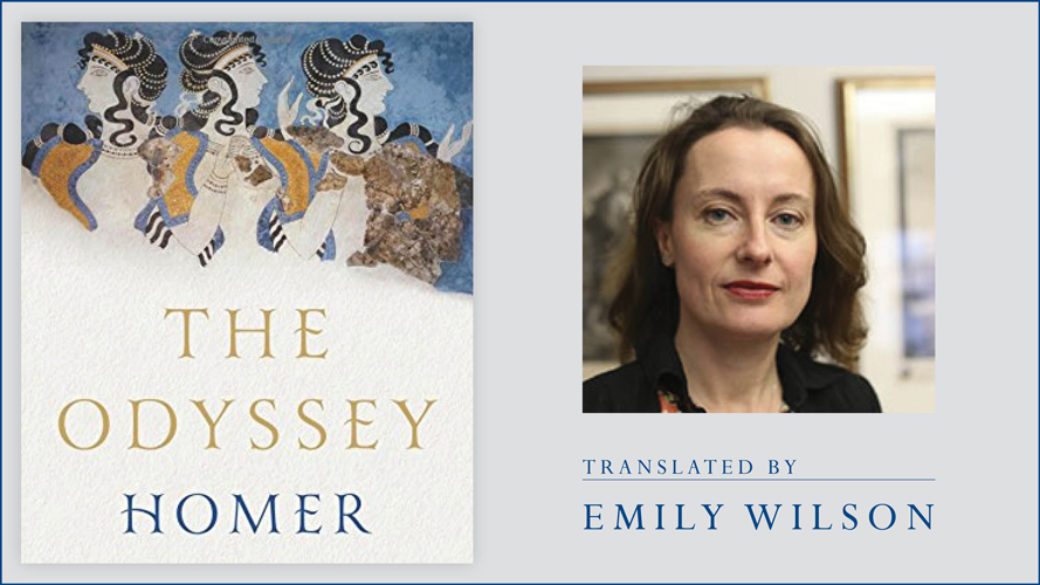 A graphic depicts the a book cover for The Odyssey by Homer on the left, and a portrait of translator Emily Wilson on the right