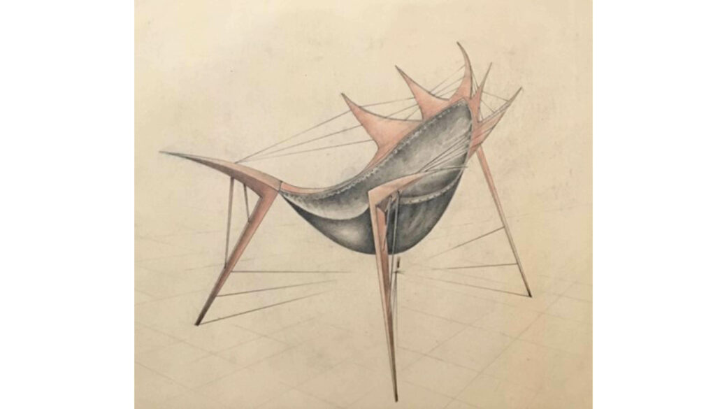 Sketch of a chair with spines at the top of the front legs and across the back