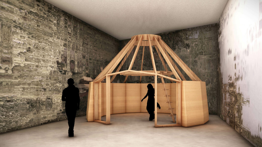Computer rendering of a conical wooden structure