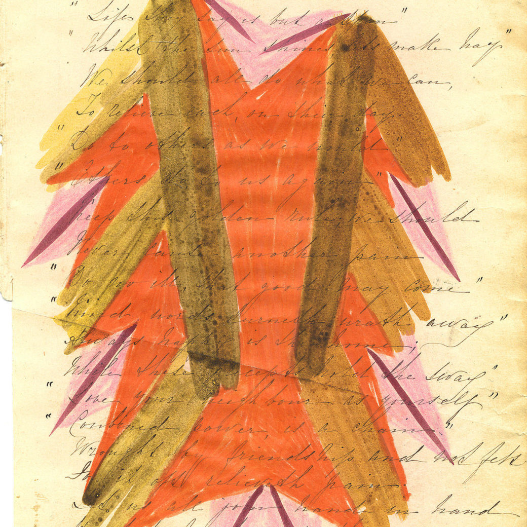 A handwritten note superimposed on an abstract drawing that resembles an orange robe