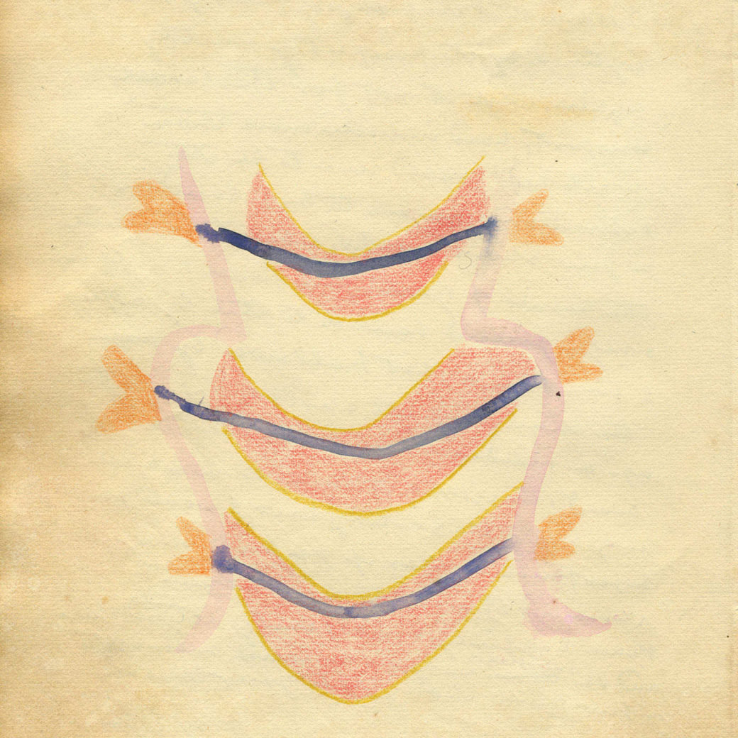 A drawing of three banana-shaped objects in a vertical line, each bisected by blue line connecting orange, horizontal hearts on each side