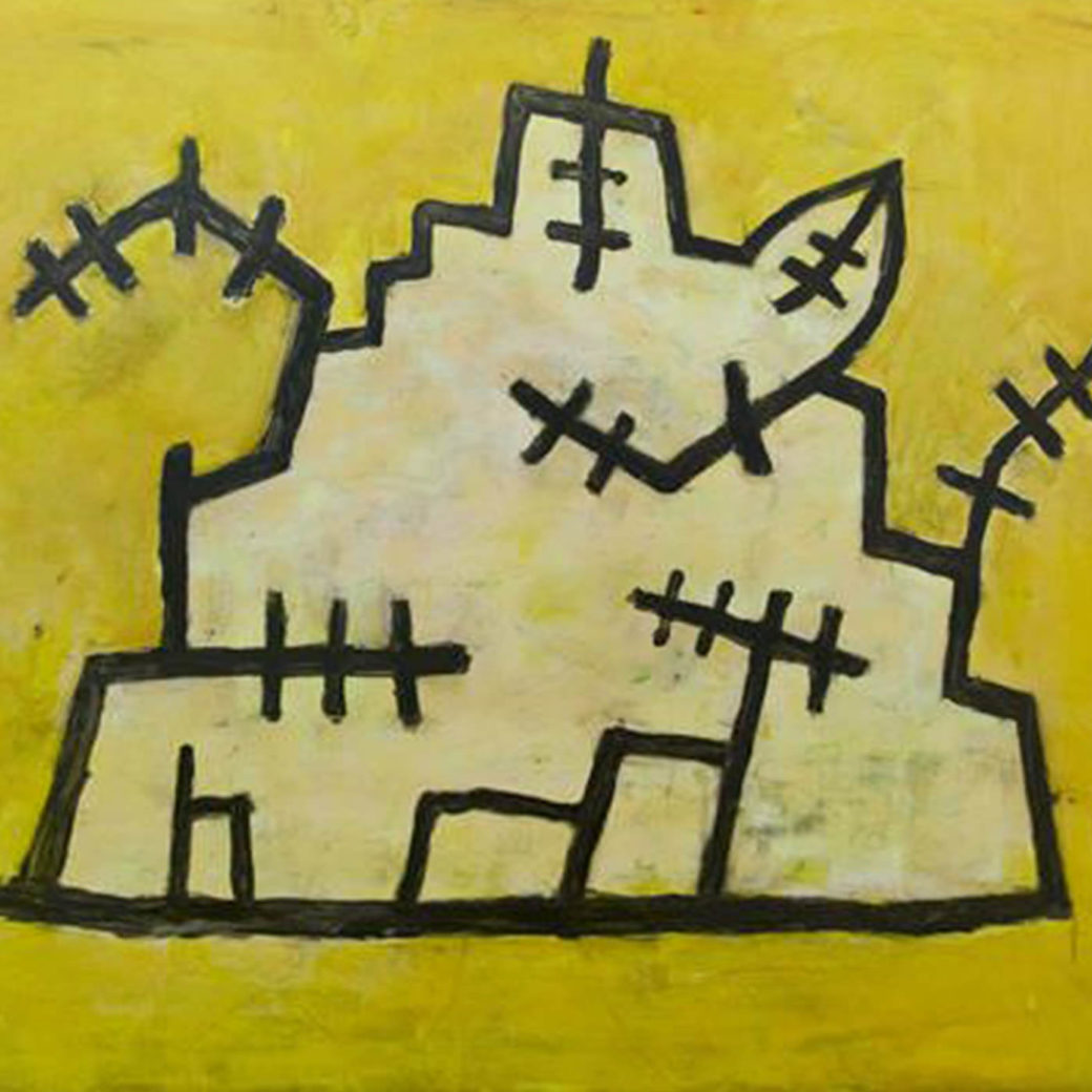 A drawing of a jagged yellow shape with barbed extensions outlined in black on a dark yellow background