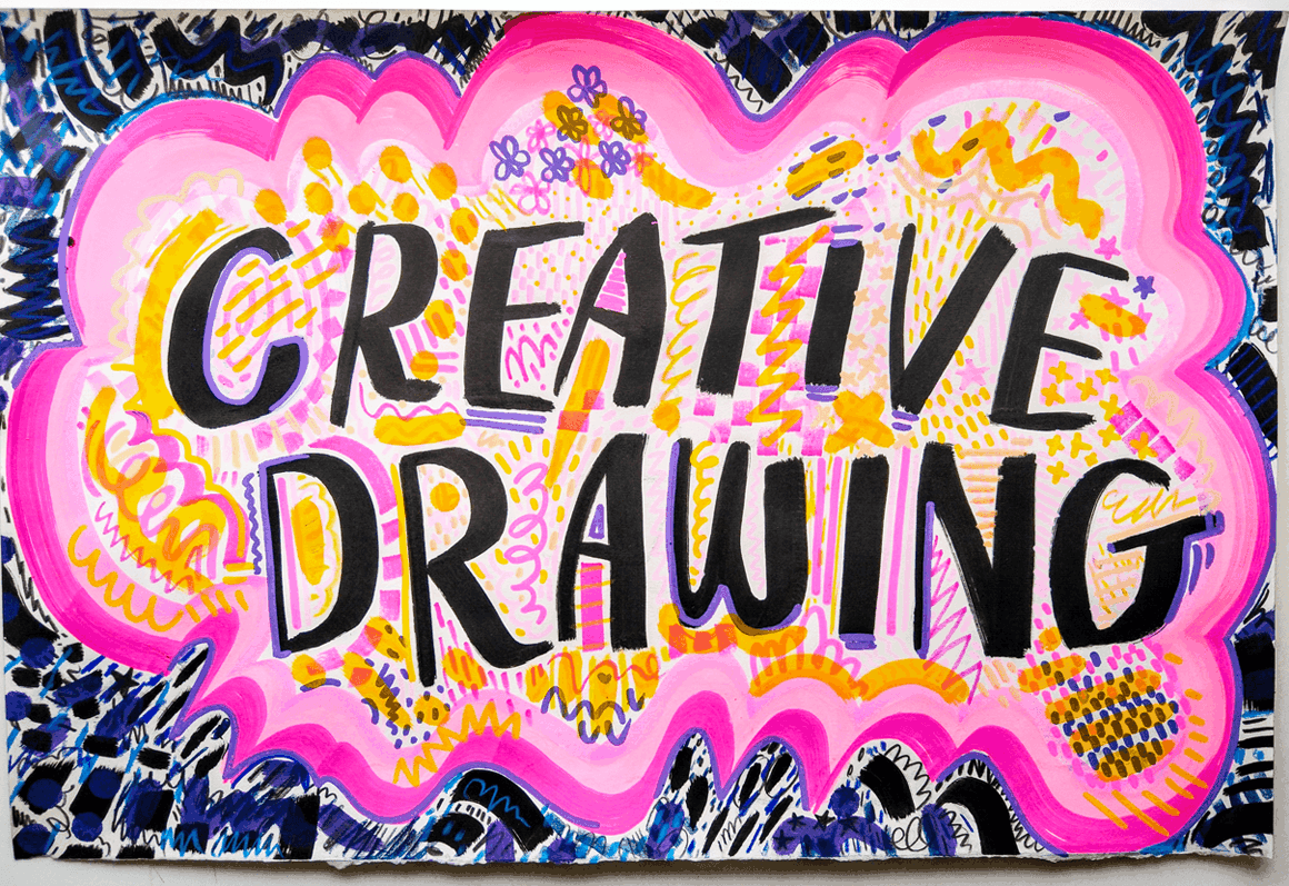 "CREATIVE DRAWING" in black lettering on a yellow, pink, purple and dark blue doodled background drawn in marker