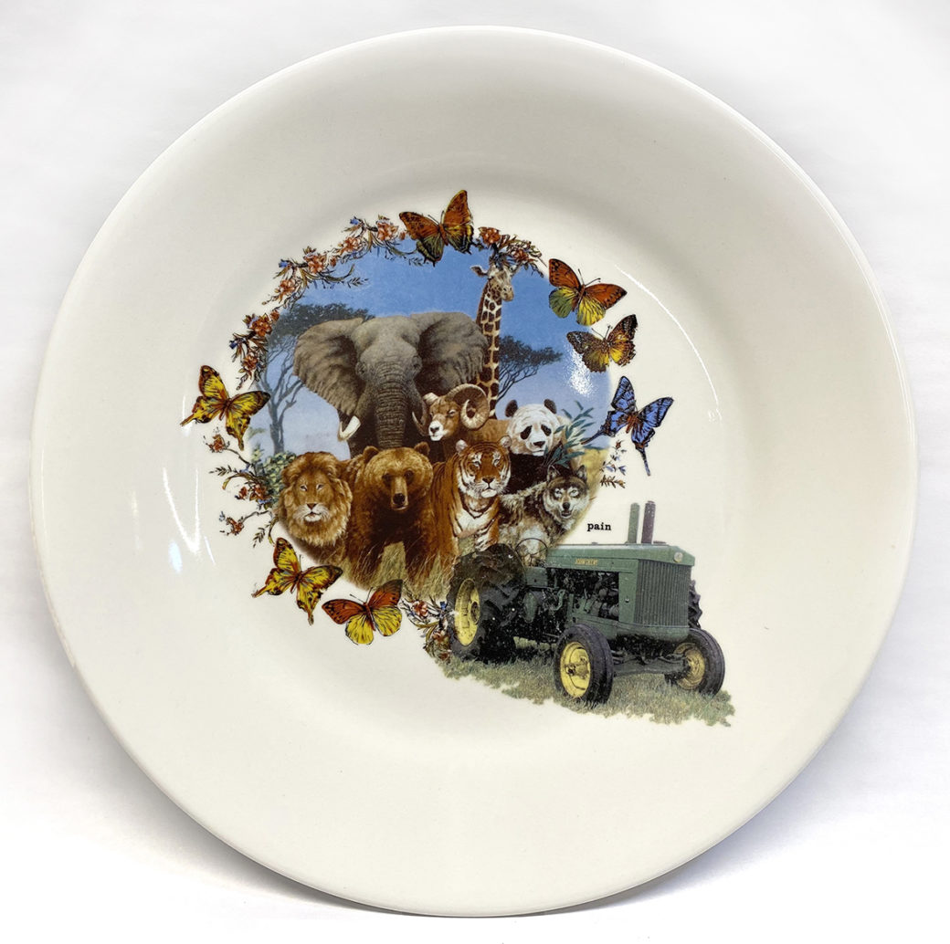 A white plate with images of a panda, an elephant, a lion, butterflies and a tractor