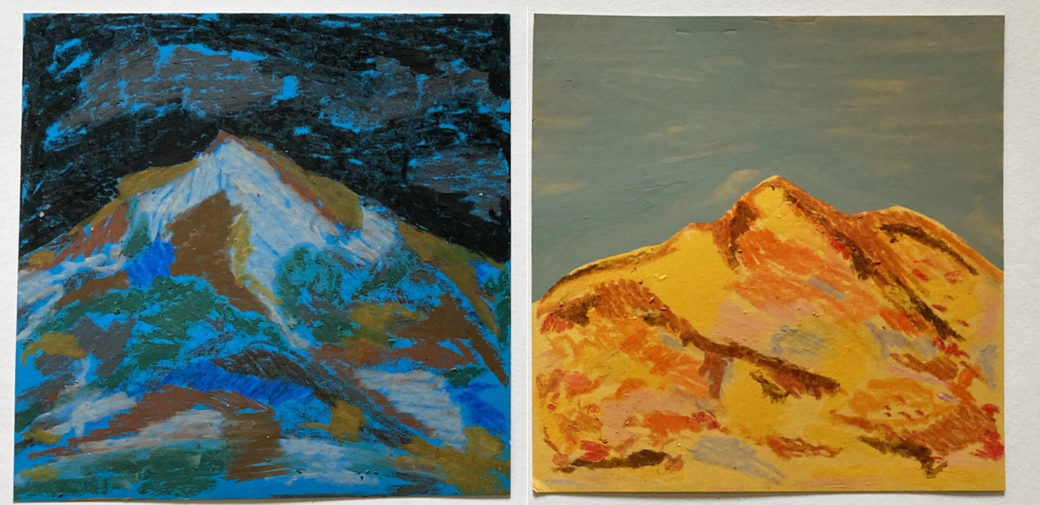 A painting of a mountain at night (left) and a painting of a mountain in daytime (right)