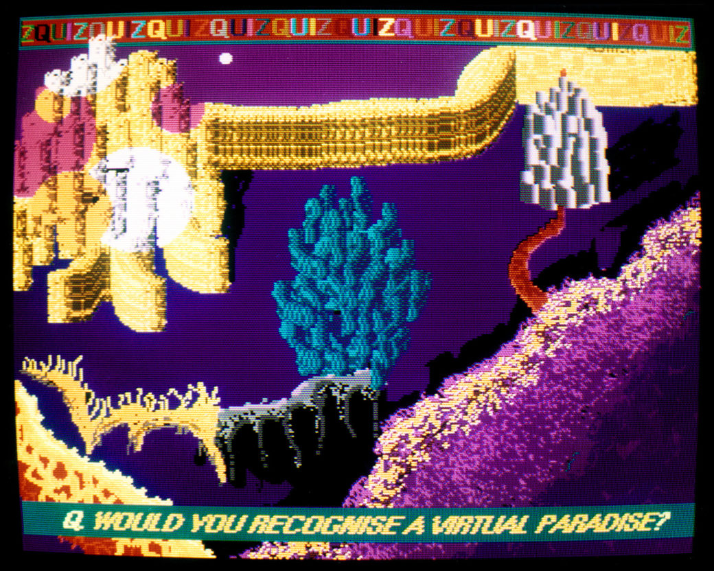 Image of artist Treister video game inspired work that features purple floors, blue and white plants, and a gold wall.