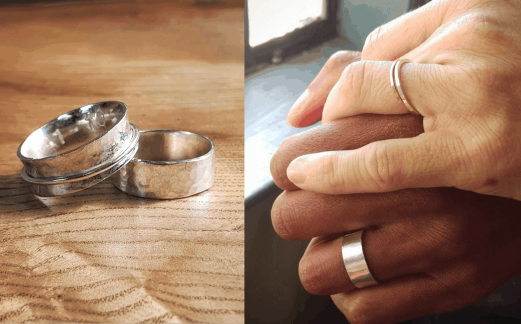 On the left, a stack of silver rings. On the right, two hands wearing silver bands.