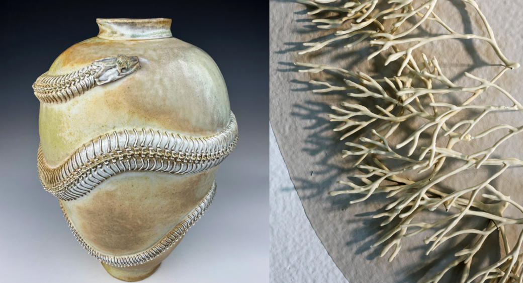 On the left, a ceramic vase with a sculpted snake wrapped around it. On the right, delicate branching forms.