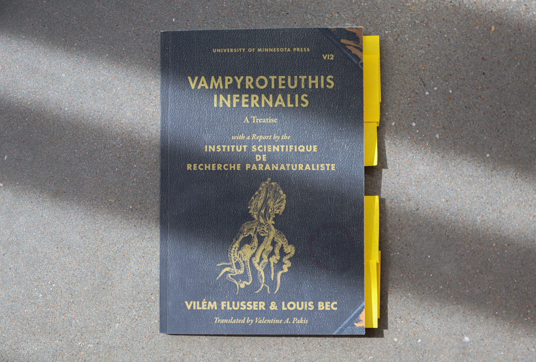 A book lies on cement. There are yellow post-it tabs. The book is dark gray cover with gold writing. A large illustration of a squid is on the bottom half of the cover.