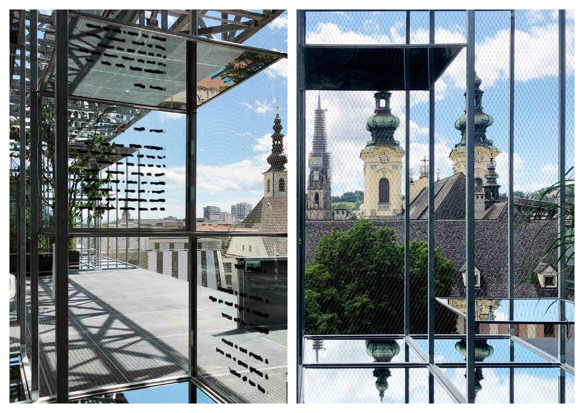 A diptych shows two photos of the same structure from different angles. Left: Glass panels with blurred text and metal bars form rectangles overlooking a city with tall eclectic buildings. Left: The bars are long and straight, creating slat-like views.
