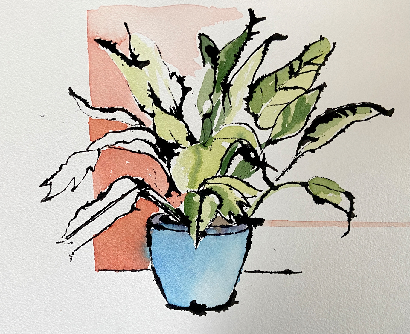 A watercolor image of a house plant in a blue pot