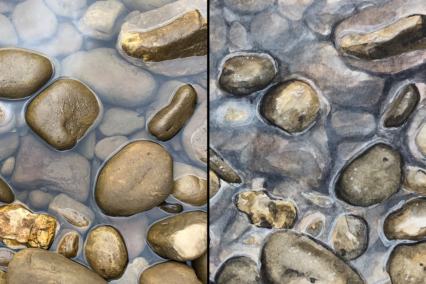 Two images of smooth rocks under water