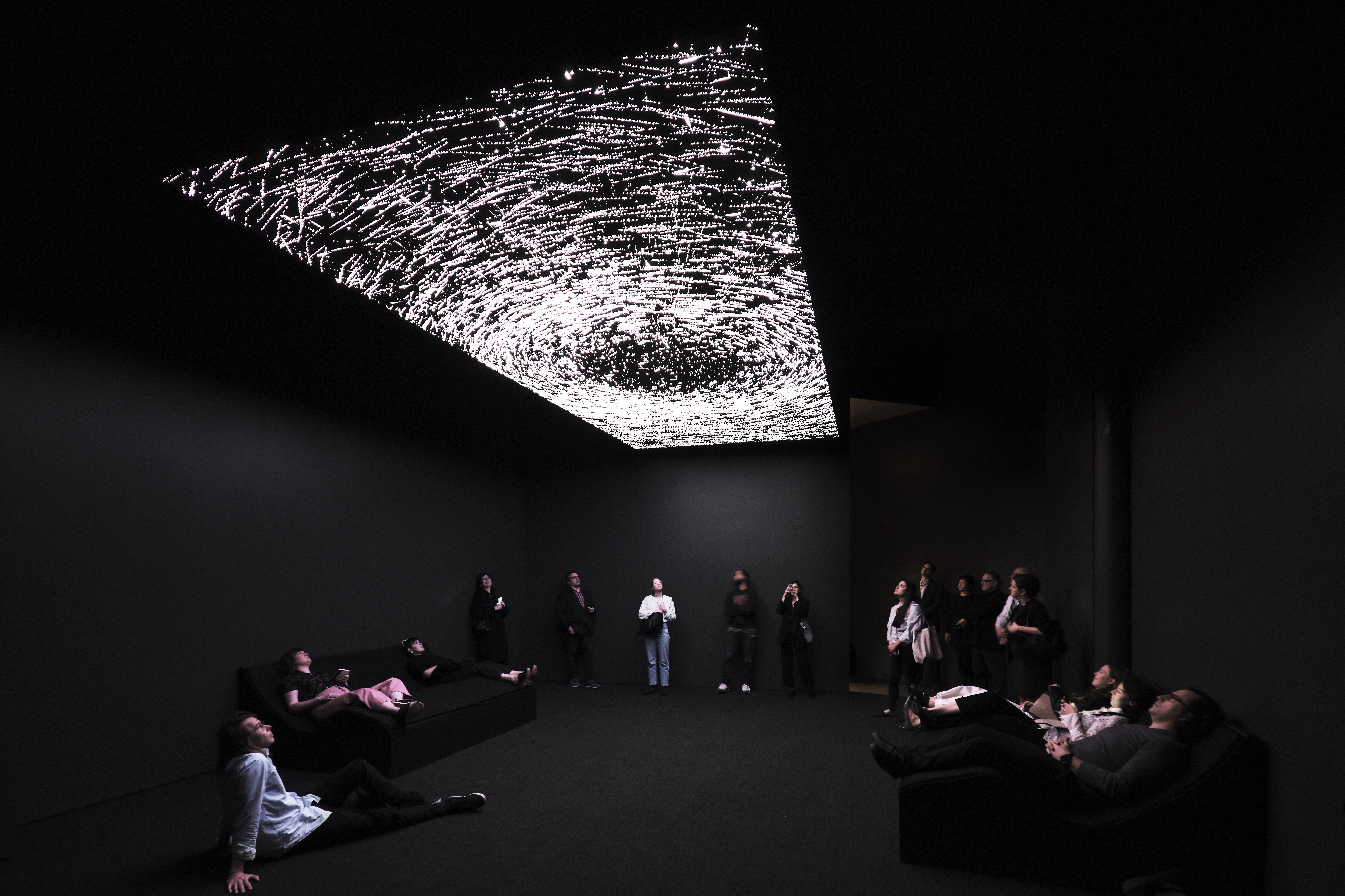 People gathered in a dark room look at an LED ceiling installation that looks like constellations