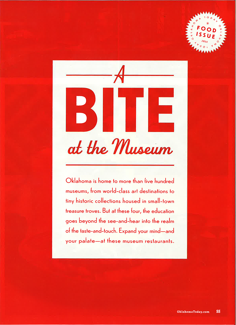 A white rectangle on a red background opens a magazine article with the title "A Bite at the Museum"