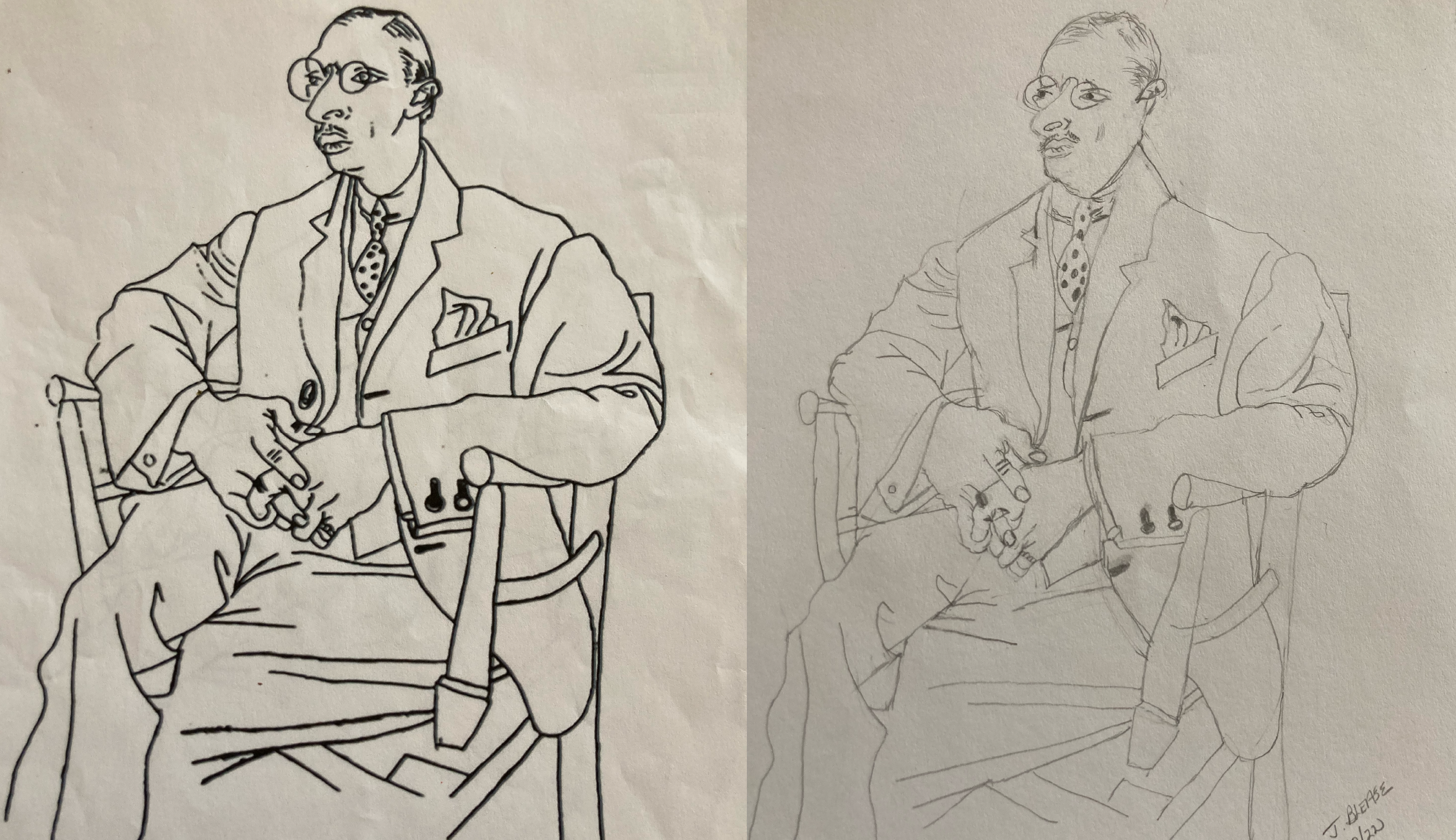 Two sketches are side by side. One is in black pen then other in pencil. They are outlines of the musician Stravinsky as he sits in a chair with a suit on and large circle glasses.
