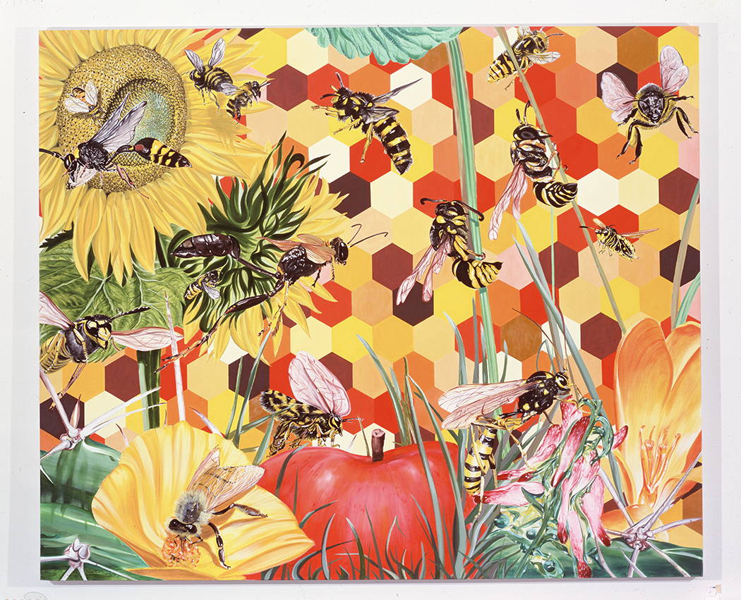 Bright yellow bees buzz around a rich honeycomb background and flowers