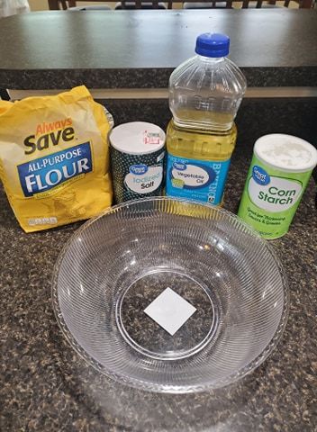 Household pantry items, including flour, salt, cooking oil and corn starch