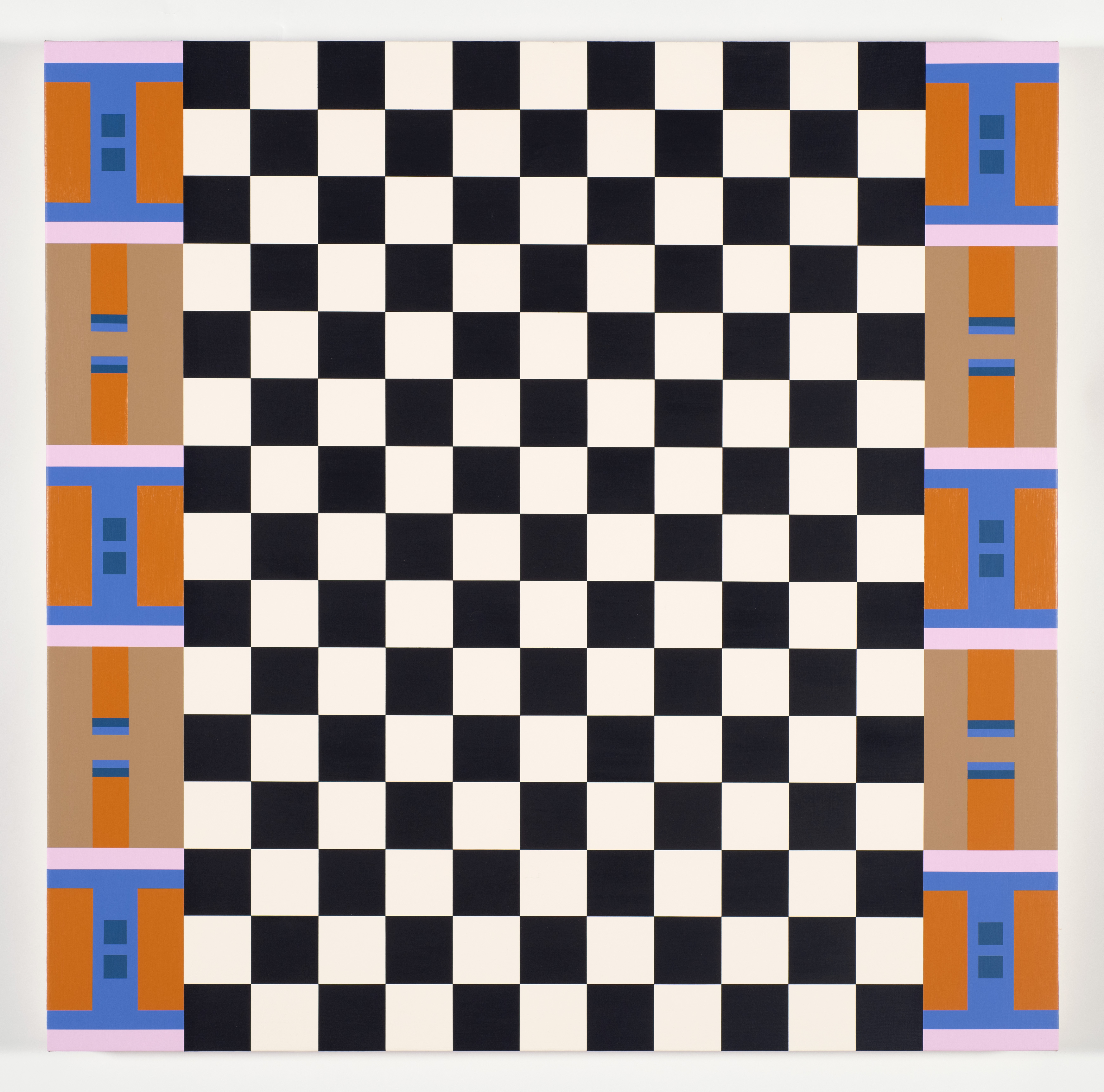 A black and white checkboard is painted on a white background. It is bordered on the side with blue, orange and tan abstract patterns.