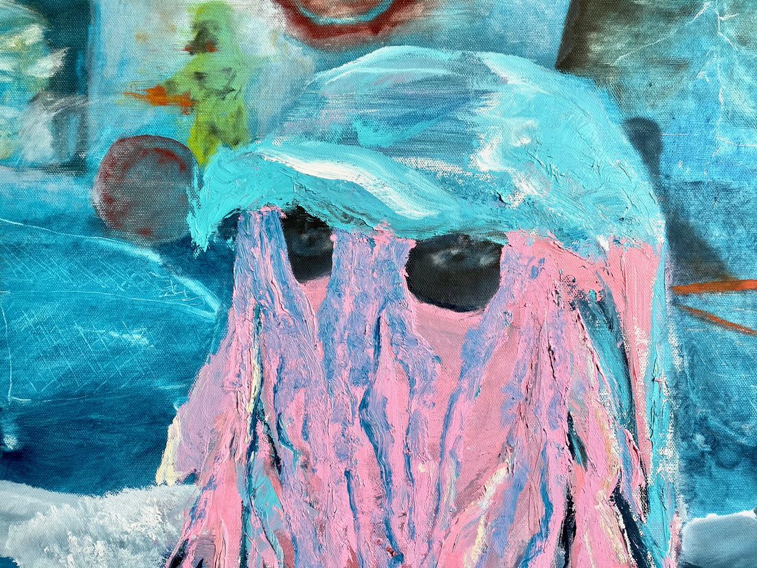 A colorful abstract portrait featuring a pair of eyes behind pink and blue brush marks