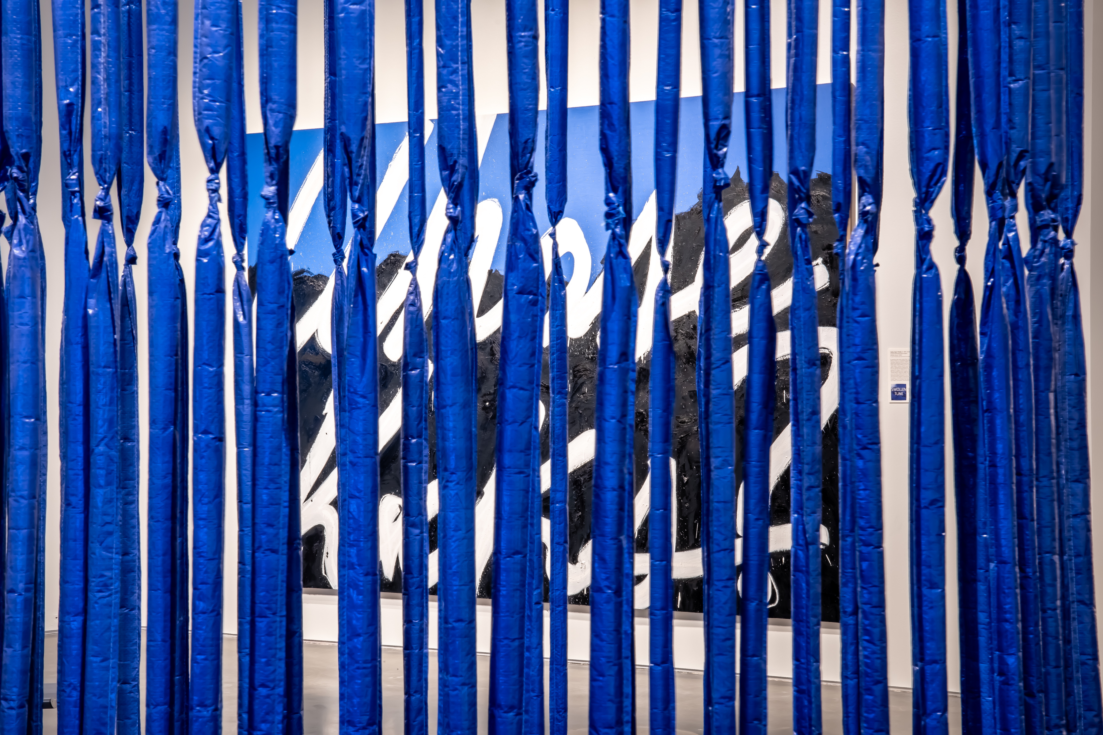 Strands of long blue tarp form rows in front of a blue and black painting with large white cursive writing in the center.