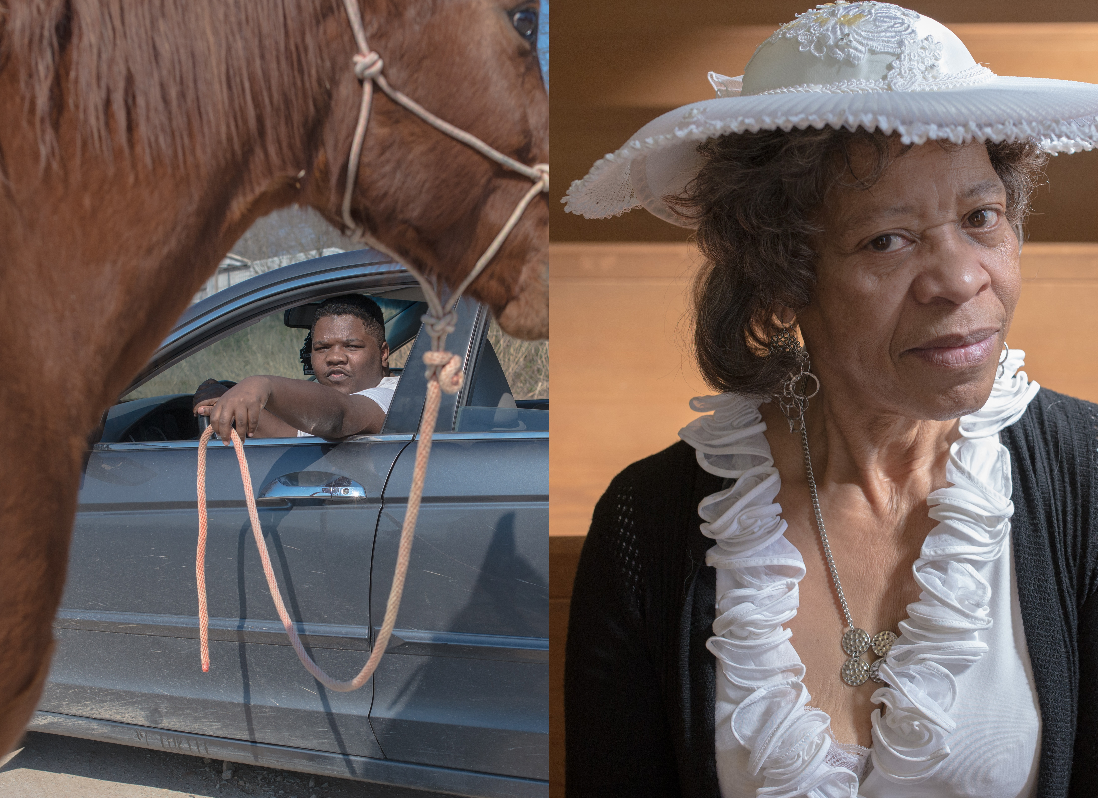Two photos are next to each other. One is of a man in a car. He is seen underneath the neck of a brown horse as he holds the reigns from the open car window. The second is an older woman in a white hat and matching shirt.
