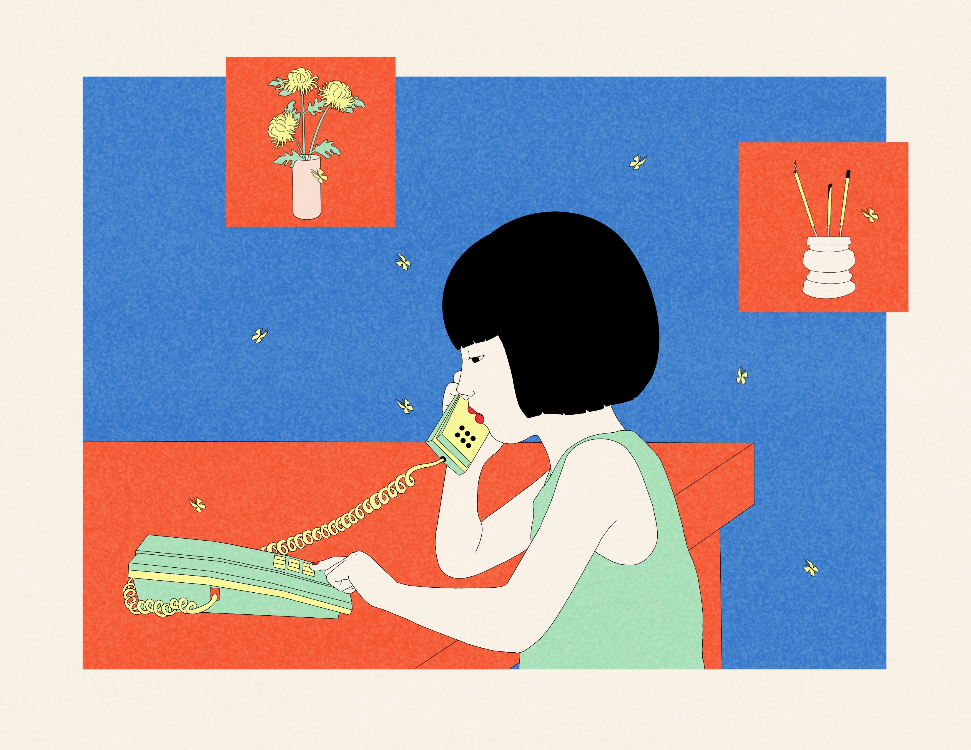 A little girl with short black hair in a green tank top sits at a red table, a green phone held up to her ear. The print is bordered in cream with a blue background. Two red squares float above: one with flowers in a vase, the other incense