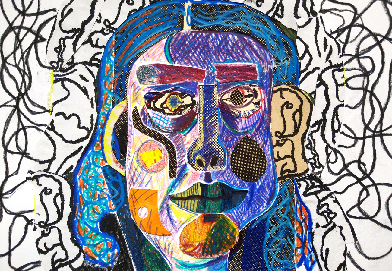 An abstract portrait with black doodles in the background. The face has longer purple and blue hair, thick red brows, an orange chin, green and yellow lips and colorful cheeks.