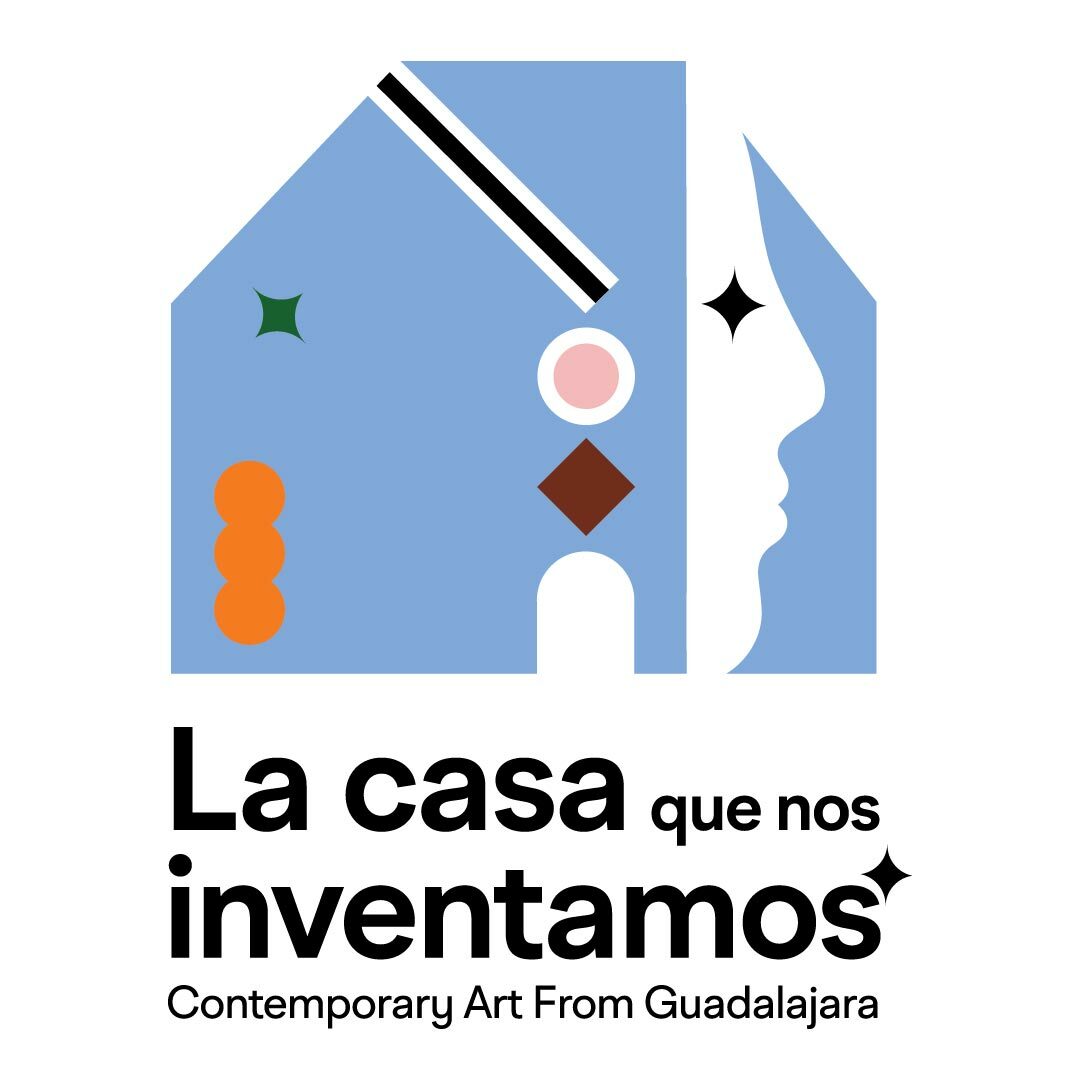 An animated logo sits on a white background. There is a filled in, periwinkle shape of a house, with a pink circle, red diamond, black line, green star and orange circle details. The side of the house forms a face in white. Below is the La casa title