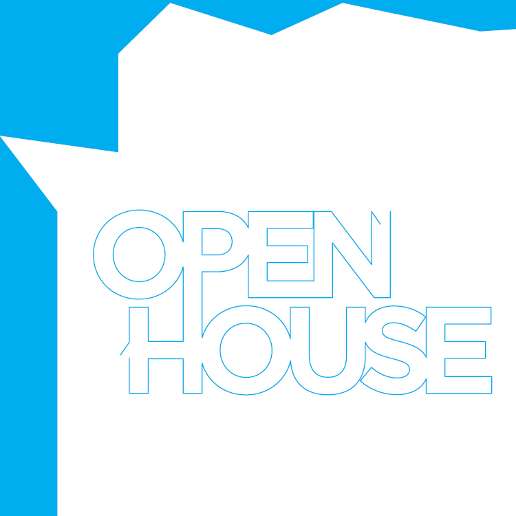 A white, jagged cutout of a building sits on a bright blue background. The outline is filled in with white, and written in the middle in blue is OPEN HOUSE, the words stacked on top of one another.