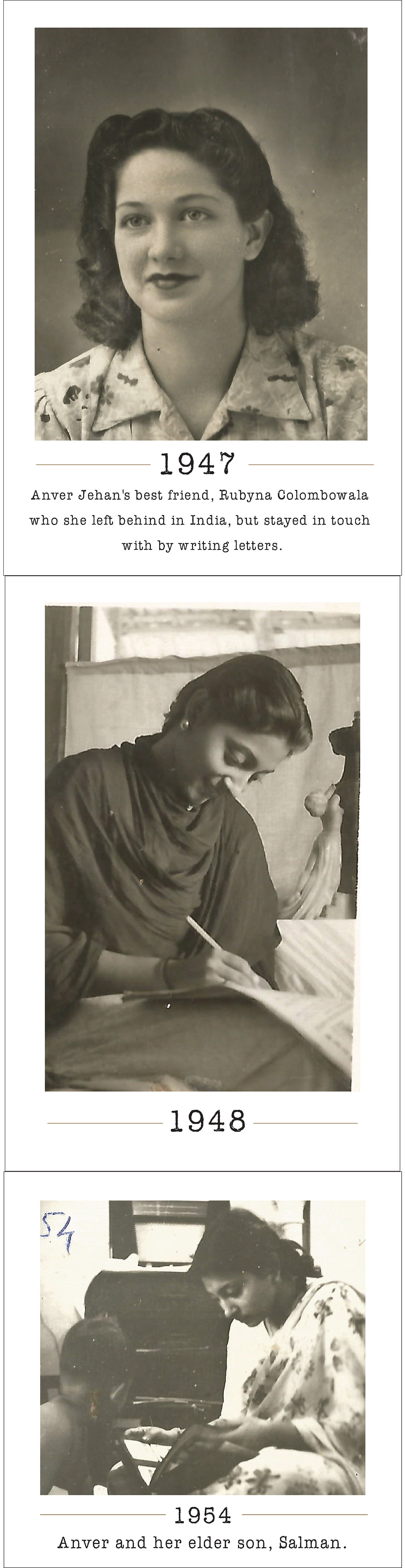 Three black-and-white photographs: A woman with curled hair wearing a button-up shirt (top), a woman wearing a draped garment writing at a table (middle) and a woman reading to a child (bottom)