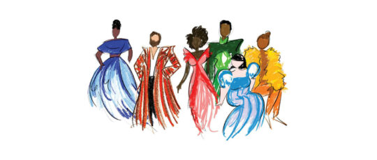 A digital sketch on a white background shows six figures in varying skin tones dressed in bold colored gowns and suits without facial features.