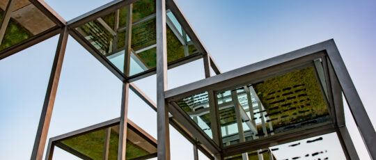 Close up of a glass and metal structure