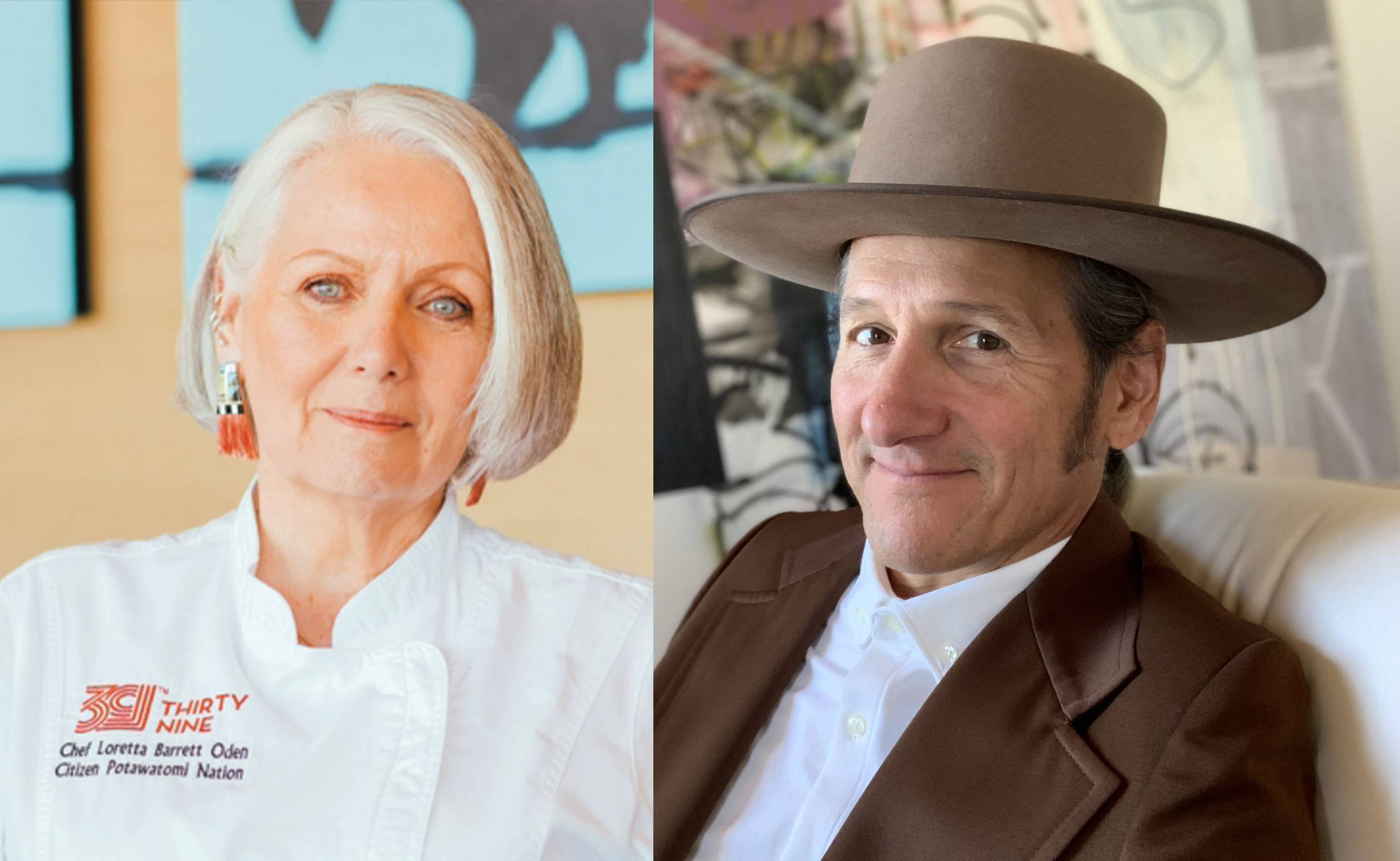 A diptych of two people. Left: A woman with short white hair and bright blue eyes, dressed in a chef coat. Left: Man in a wide-brim tan hat, brown jacket and white button up. Both are smiling softly.